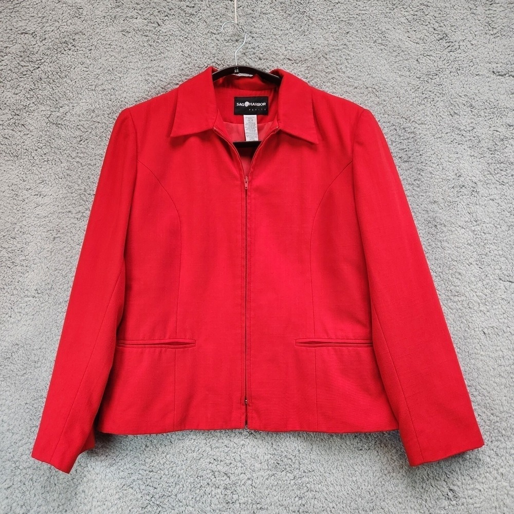 Sag Harbor Jacket Women's 12 Petite Red Lined Casual Long Sleeve Collar Full Zip